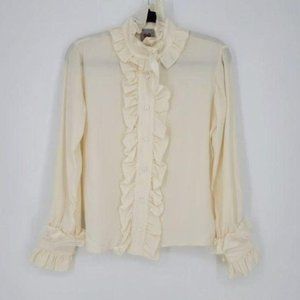 CF Paris Cream Semi Sheer Ruffle Button Front Long Sleeve Blouse Top Sz Small